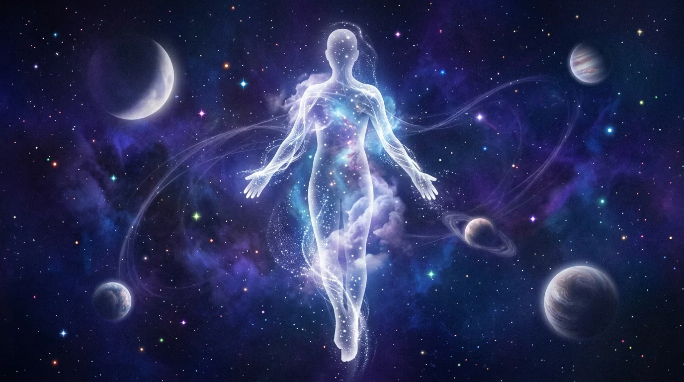 Persona Pulseta: a glowing humanoid silhouette against a cosmic violet nebula.