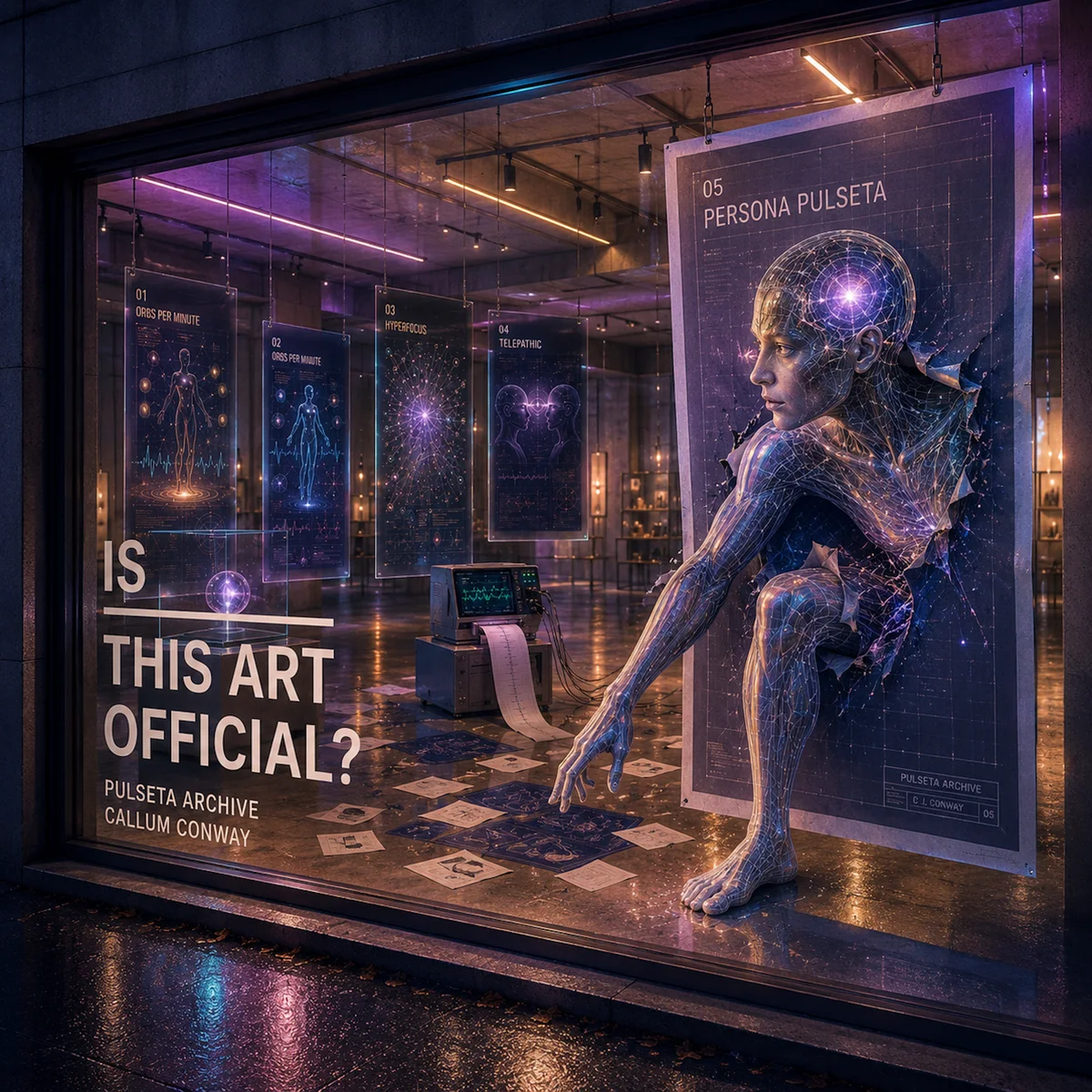 Synthetic artwork showing a luminous Persona Pulseta figure and archive display.